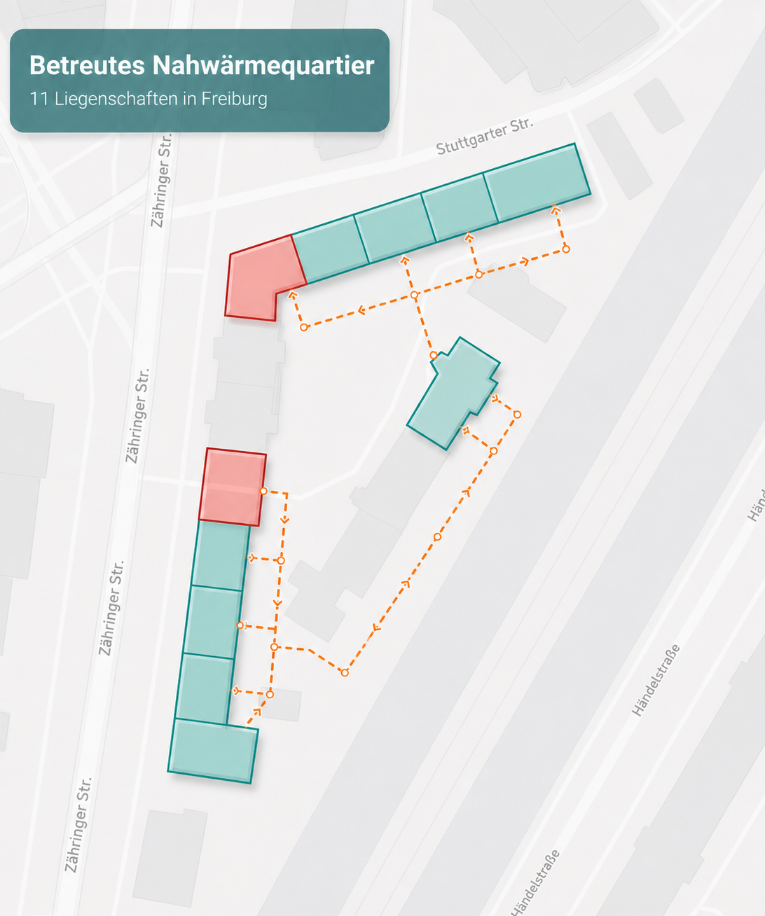 Karte des betreuten Nahwärmequartiers mit elf Liegenschaften in Freiburg